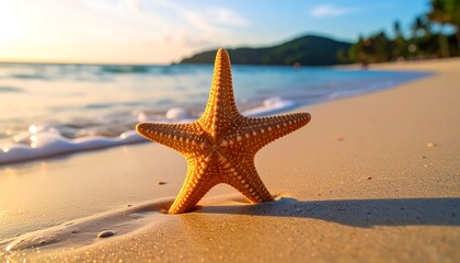 Starfish on golden beach at sunset