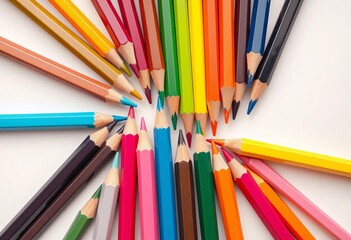 Fototapeta premium A vibrant collection of colored pencils arranged on a clean white background, colorful pencils, art supplies