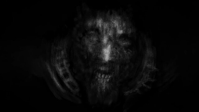 Welcome to Hell! 2D animation in dark fantasy genre. Animated horror collection. Evil monsters, scared man, alien with tentacles. Spooky Halloween images. Blur effects, camera shake. Black and white.