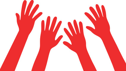 Fototapeta premium A bold red silhouette of multiple raised hands symbolizing unity, participation, support, and protest. Perfect for activism graphics, social movement branding, volunteer events, or UI elements.