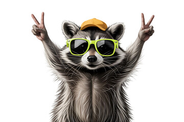 Cool raccoon wearing yellow sunglasses and orange beanie isolated on transparent background making peace signs with realistic fur texture and playful anthropomorphic cartoon style