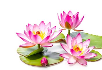 Elegant lotus and water lily blossoms, pristine white background,  green,  wallpaper