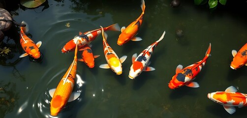 Vibrant koi carp swim gracefully in a serene Japanese garden pond,  beauty,  scales