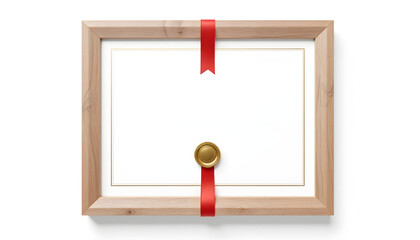 Certificate with red ribbon and seal in wooden frame on white background  