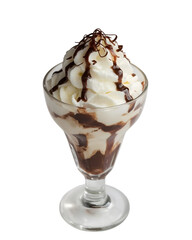Delightful Sundae in a Glass: Indulge in a delectable sundae, a layered masterpiece of ice cream, rich chocolate sauce, and fluffy whipped cream, a sweet treat to savor.
