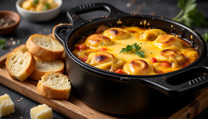 Savory baked casserole with bread slices on wooden board, culinary delight