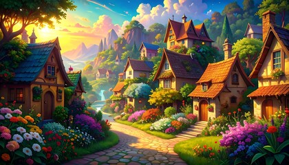 A picturesque, digitally-rendered village nestled on a hillside, bathed in warm sunlight. 