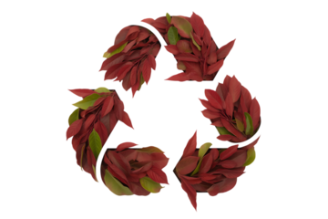 Recycling symbol made from autumn leaves isolated on transparent background with vibrant red, orange, yellow foliage textures for eco-friendly design and environmental concepts