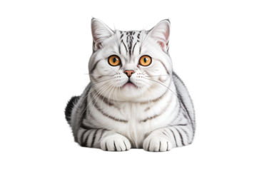 Startled British Shorthair cat portrait isolated on transparent background with silver tabby fur, glowing yellow eyes, open mouth expression, and realistic dramatic close-up photography