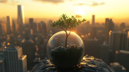 Tree inside a bubble representing sustainable city under sunset photo cityscape art
