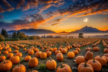 Pumpkin Patch at Sunset with Mountains and Colorful Sky in Autumn