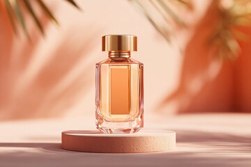 Elegant fragrance bottle displayed on a soft surface with a warm background