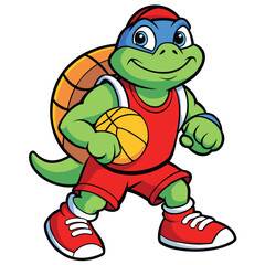 Obraz premium Cartoon turtle playing basketball isolated on white background, wearing a red uniform and red sneakers