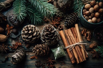 Fototapeta premium Christmas spices and pine cones creating festive atmosphere on wooden table