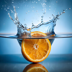 orange slice dropping into clear water splash