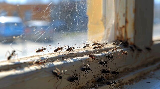 Fascinating display of organized behavior  observing ants on a windowsill during their home invasion