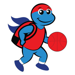 Cartoon turtle playing basketball isolated on white background, wearing a red uniform and blue sneakers