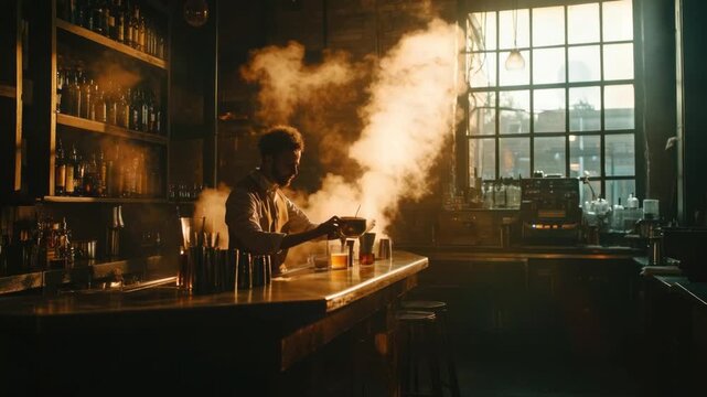 Master Mixologist Crafts Smoky Cocktail:  Artisan Bar, Sunset Glow