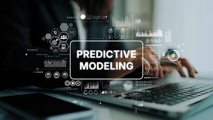 Business Professional Engaged in Predictive Modeling with Data Visualization Elements in Modern Office Environment. Asymptotic smart data analytic.