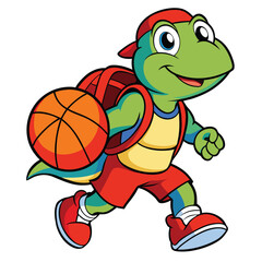 Cartoon turtle playing basketball isolated on white background, wearing a cap and backpack, ready for the game