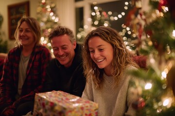 Happy family exchanging gifts on christmas eve