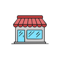 A cartoon image of a store front, ideal for a business concept. The building has a red awning, blue windows and doors, and a simple design