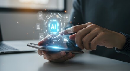 Person interacting with a futuristic AI assistant hologram over a smartphone screen.

