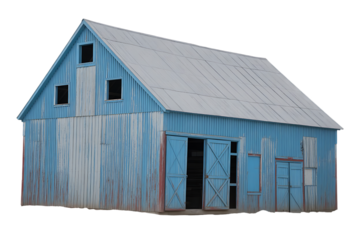 Weathered rustic barn isolated on transparent background with gabled roof, peeling blue paint, central doorway, dramatic lighting, and abandoned vintage countryside farm architecture