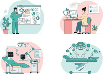 Modern healthcare technology illustration set with doctors, robots, patients, data analytics, digital diagnostics, and advanced medical research.