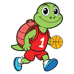 Cartoon turtle with backpack playing basketball isolated on white background, a fun and sporty illustration