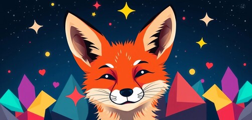 Playful red fox face, vibrant abstract shapes, starry night,  playful,  cheerful