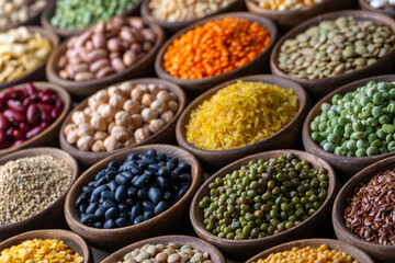 Legumes, a set consisting of different types of beans, lentils and peas