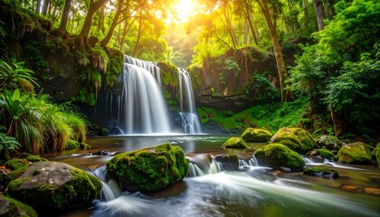 A picturesque landscape featuring a waterfall cascading into a serene pool.