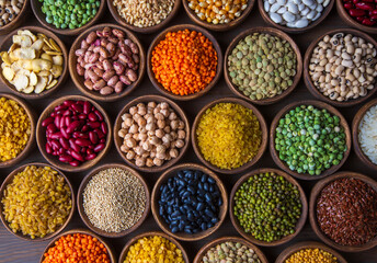 Legumes, a set consisting of different types of beans, lentils and peas