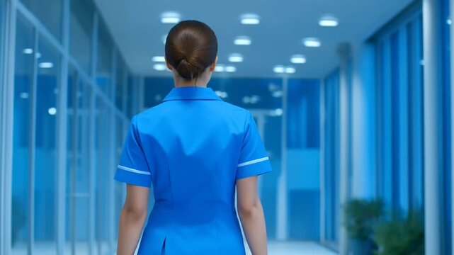 Dedicated nurse walking alone in hospital hallway at night
