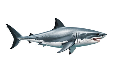 Obraz premium Great White Shark isolated on transparent background with hyperrealistic detail, silvery grey skin, sharp teeth, dorsal fin highlights, and dramatic underwater predator wildlife design