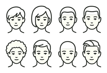 Diverse cartoon male faces with varied hairstyles on olive background