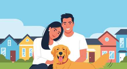 Couple and Golden Retriever in a Suburban Neighborhood