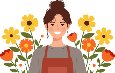 Florist Woman with a Bun Surrounded by Flowers