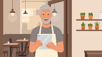 Mature Cafe owner holding holding digital tablet to take orders