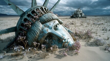 Weathered Statue of Liberty Head Half Submerged with Wildflowers at Base  Post-Apocalyptic Future Concept