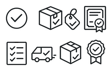 Set of monochrome shipping and certification icons on gradient background
