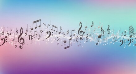 Musical notes and symbols flowing across a colorful, abstract background, creating a visual representation of music.
