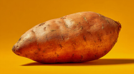 Close-up of a single whole sweet potato with textured skin placed on a vibrant warm orange background highlighting its natural earthy details and organic shape
