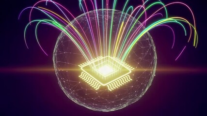 Ai processor chip with neural network connections. Quantum computing technology with glowing semiconductor circuit. Digital brain concept with wireframe sphere and data processing visualization. - Powered by Adobe