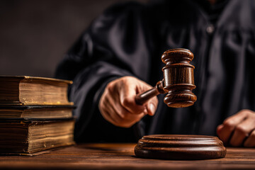 Judge in black robe striking wooden gavel in courtroom with antique legal books stacked on table symbolizing justice and law enforcement authority
