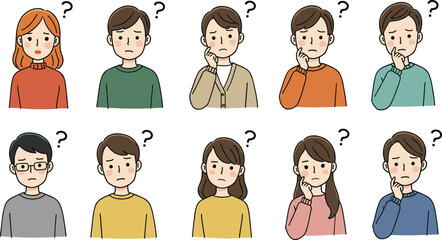 Confused people cartoon faces with question marks, puzzled expression character set, thinking or wondering emotion vector illustration, hand-drawn flat style