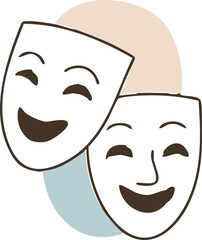 of two overlapping black comedy masks with smiling faces, set against abstract beige and light blue background shapes.