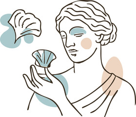 a minimalist line art illustration of a classical female figure holding a fan-like object, accented with pastel blue and beige abstract shapes.