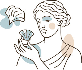 a minimalist line art illustration of a classical female figure holding a fan-like object, accented with pastel blue and beige abstract shapes.
